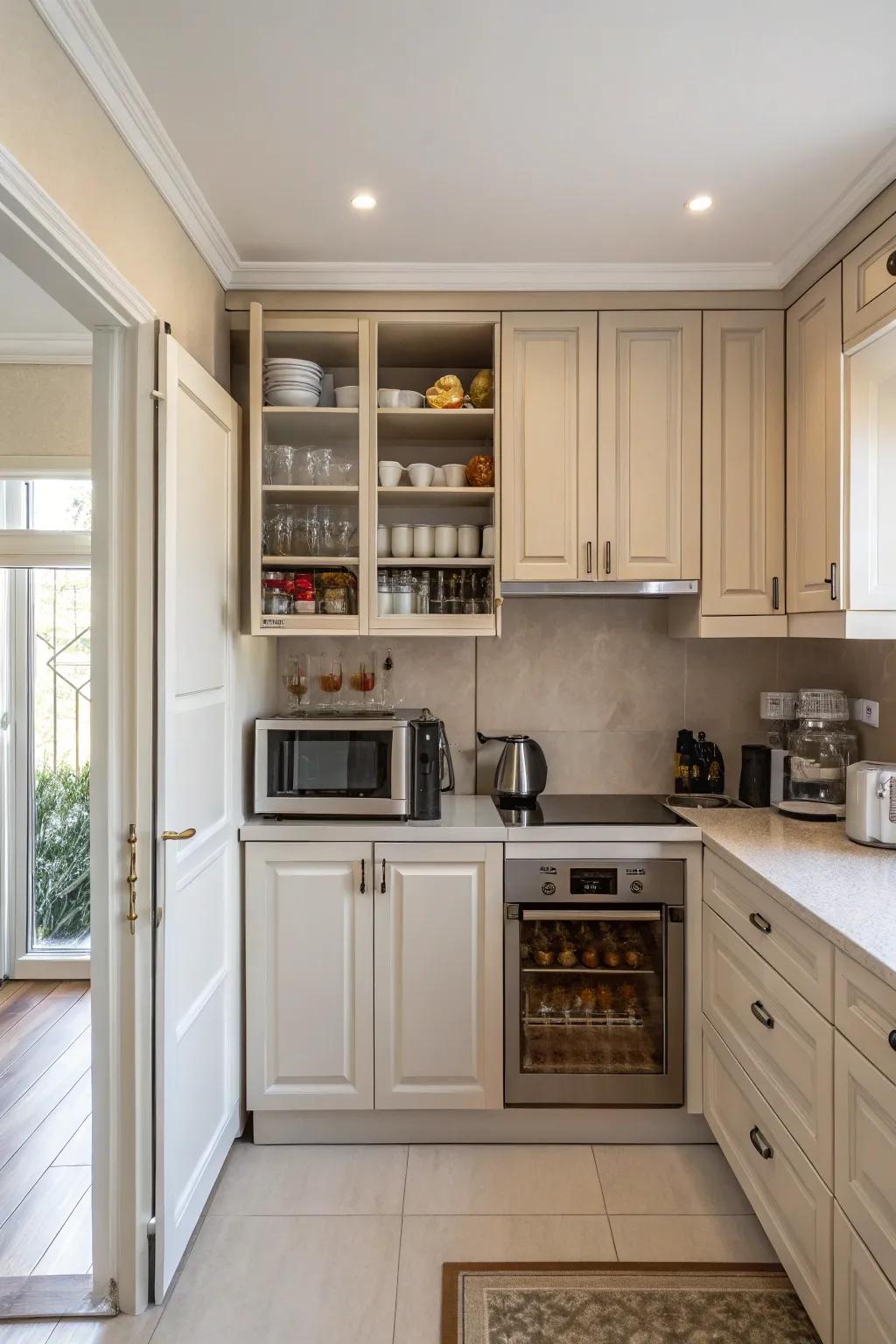 Hidden appliances keep the kitchen looking organized and sleek.