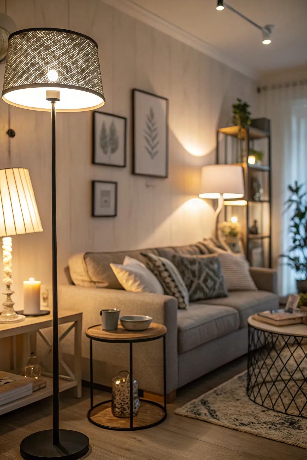 Contemporary illumination elements in a compact living area, creating ambiance.