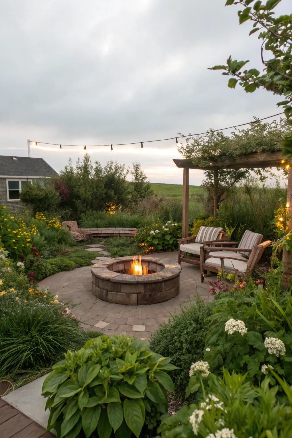 A fire pit providing a warm central point in a small garden.