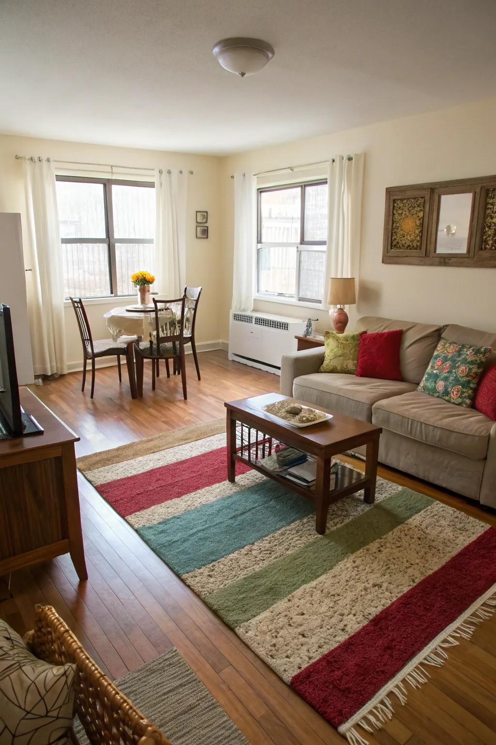 A studio apartment where floor coverings help define and separate the living and dining areas.