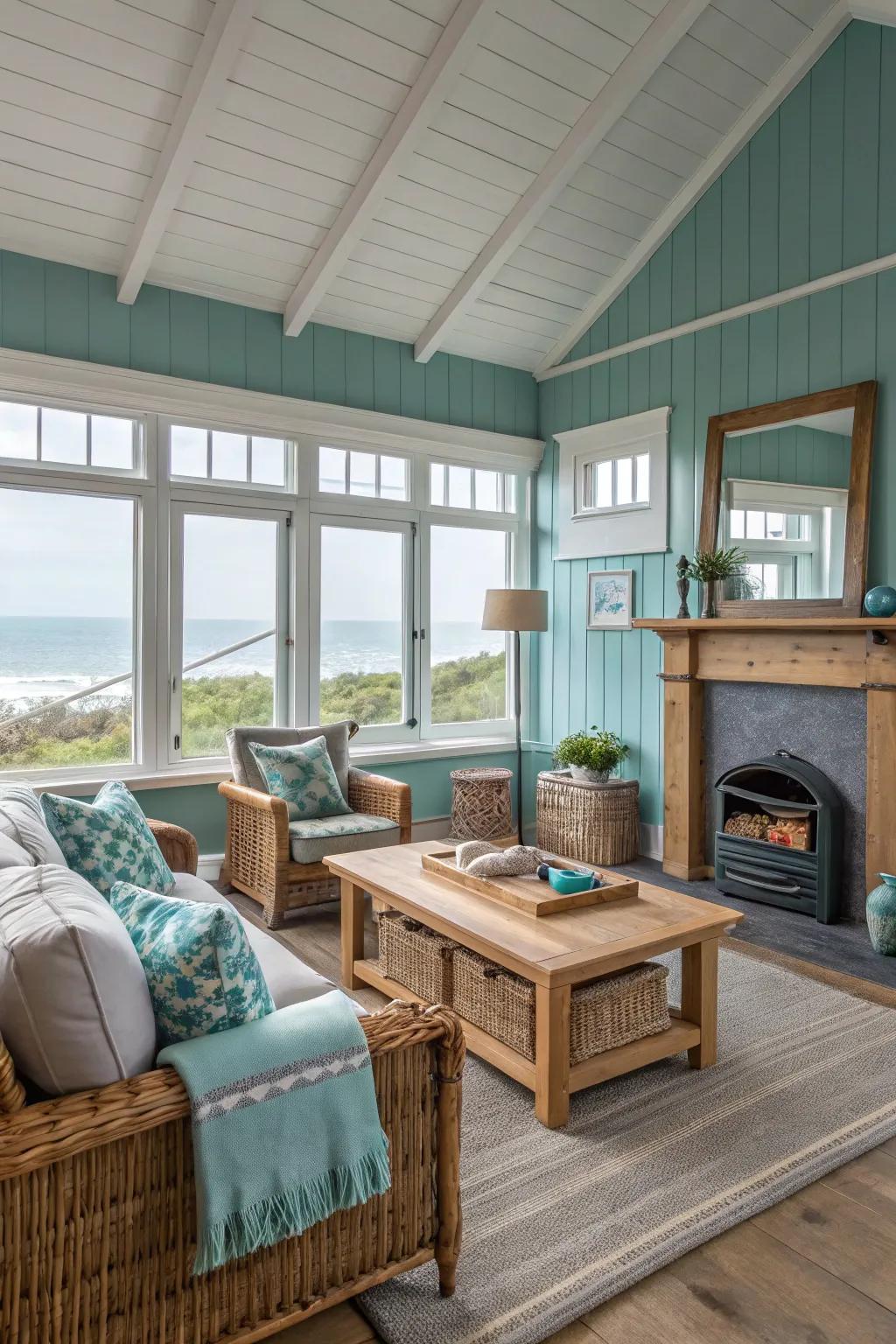 Teal and grey paired with natural elements for a coastal theme.