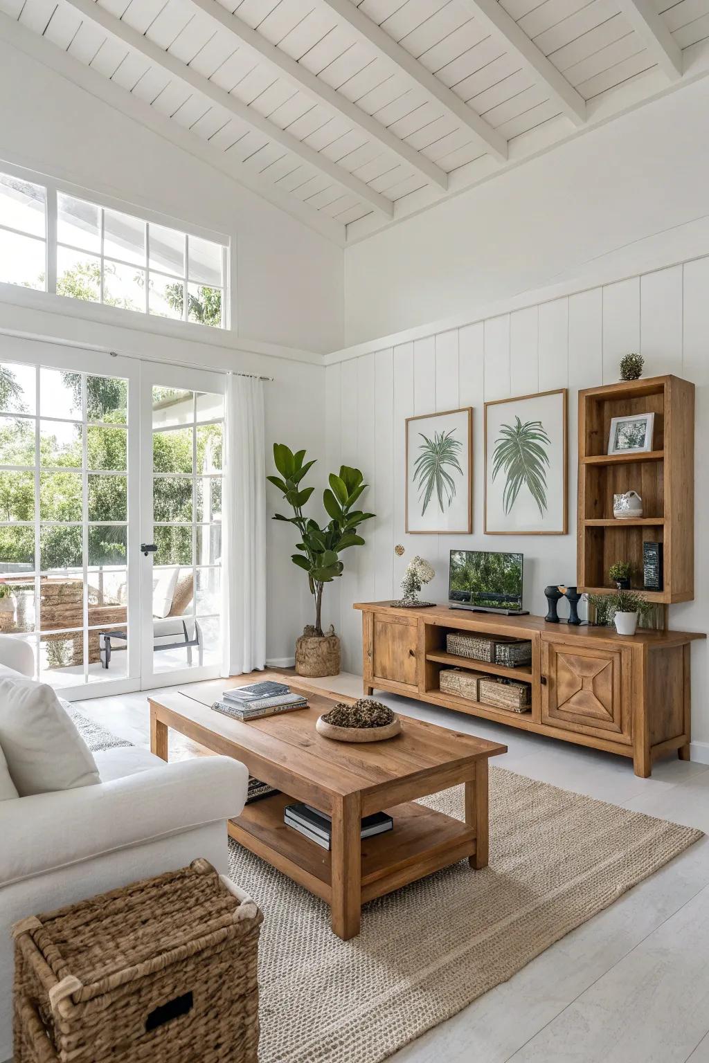 Wood accents add warmth to a modern white living room.