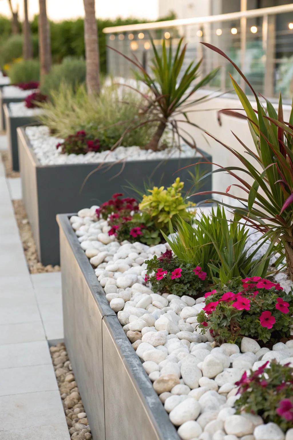 Pot gardens arranged amid alabaster stones, adding varied heights to the garden layout.