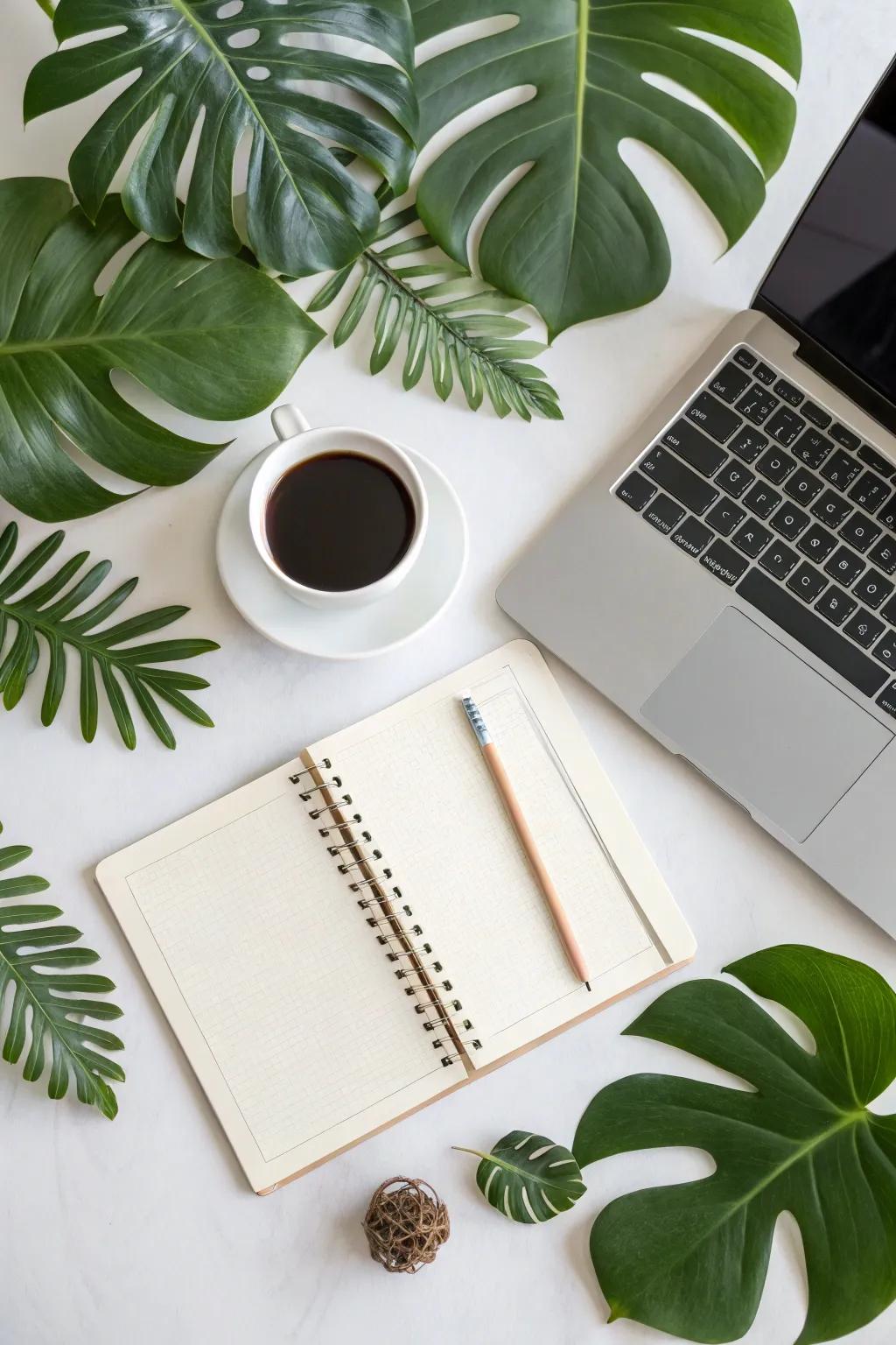 A desk upgraded with the freshness of split-leaf philodendron fronds.