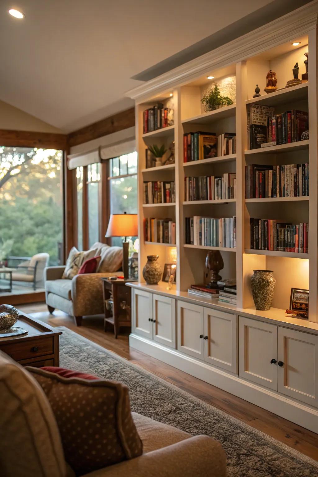 Built-in bookcases adding character to a dimly lit living room.