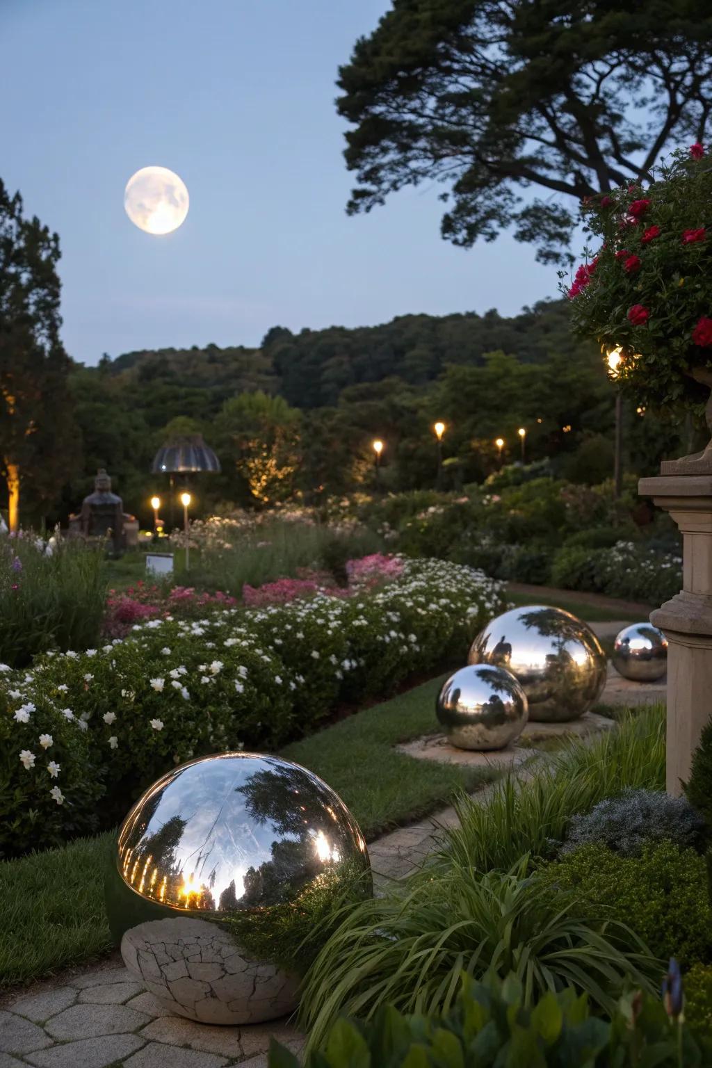 Reflective ornaments add whimsy and surprise.