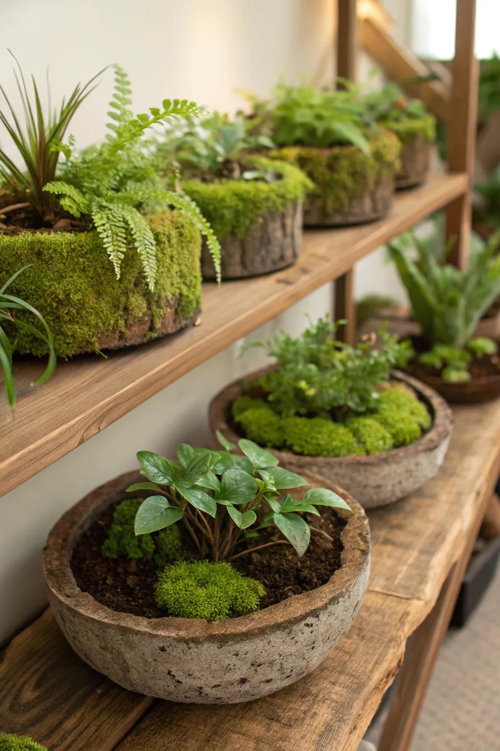 Moss-covered planters offer both aesthetic appeal and practical benefits.