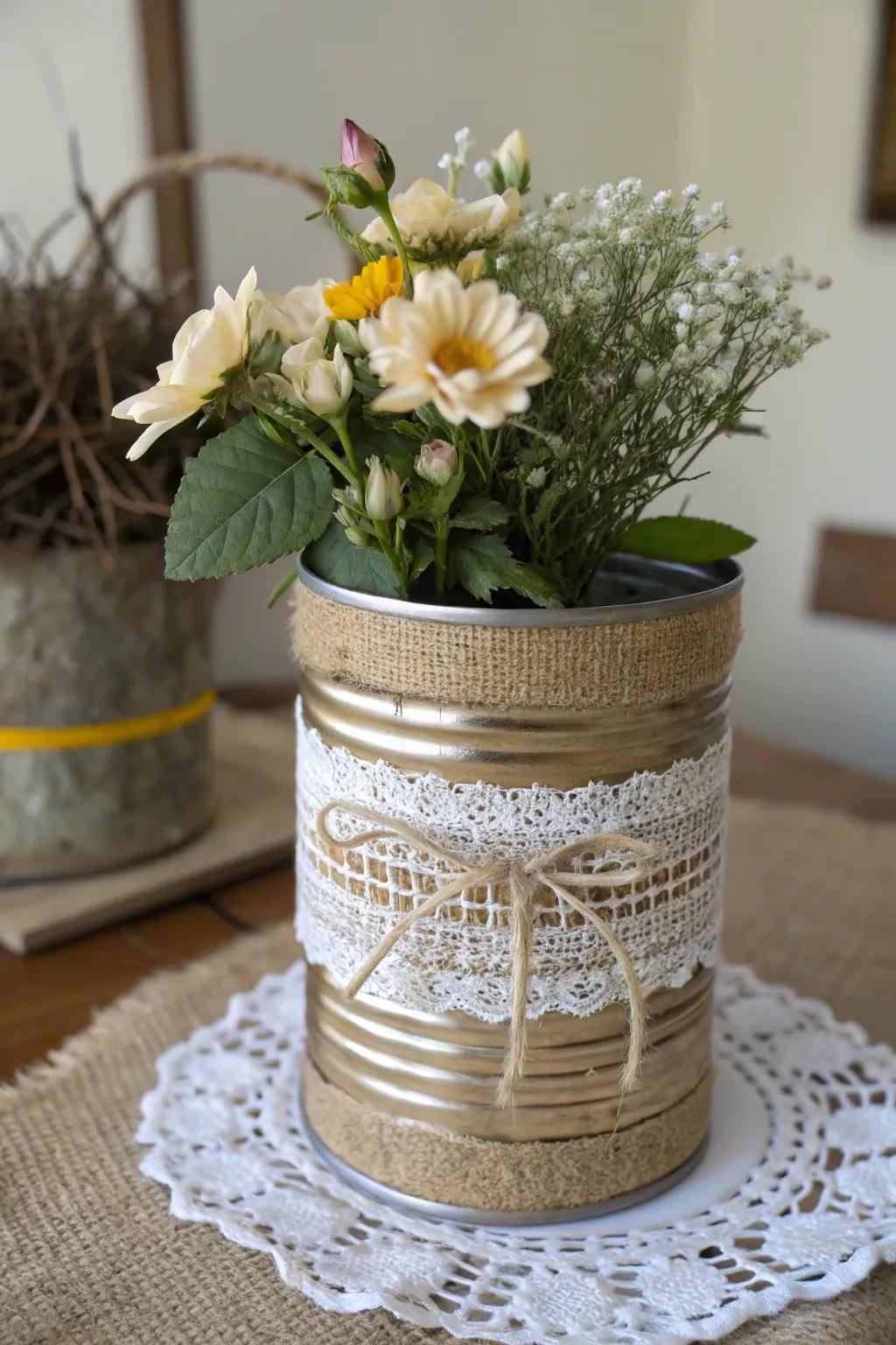 An eco-conscious flower container crafted from a repurposed metallic vessel.