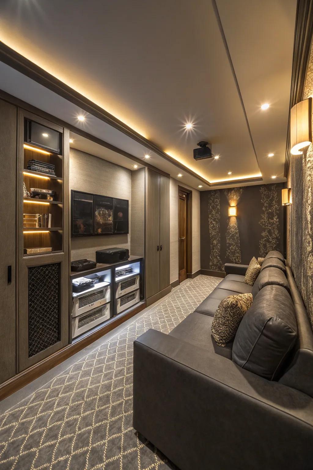 Hidden storage keeps your theater clutter-free.