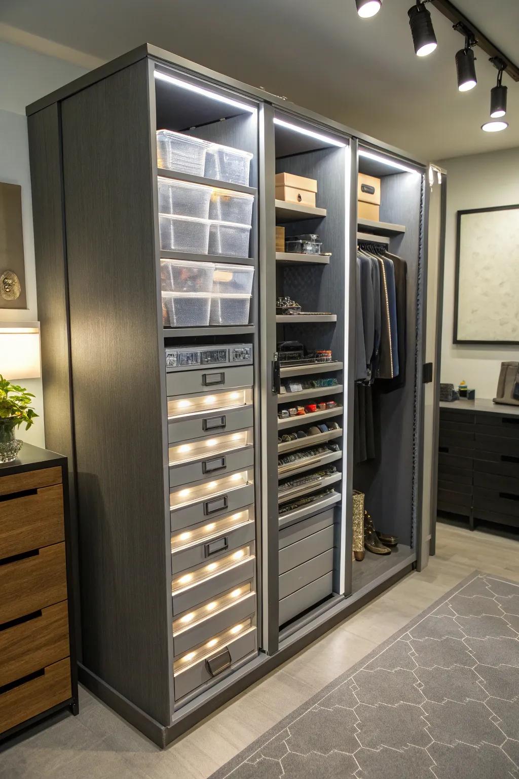Modular storage solutions within a slender cabinet offering adaptable organization options.