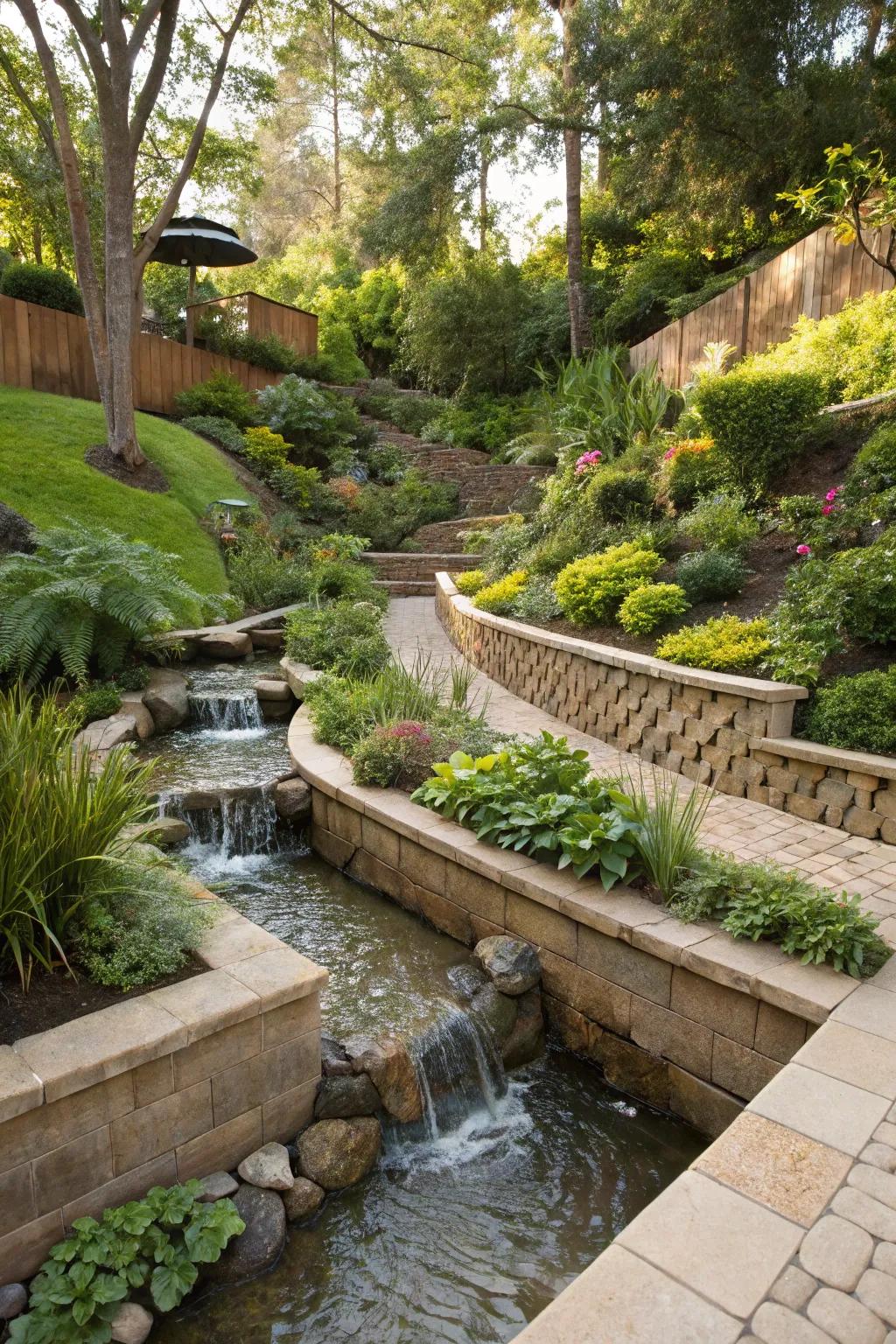 A terraced stream design for managing slopes beautifully.