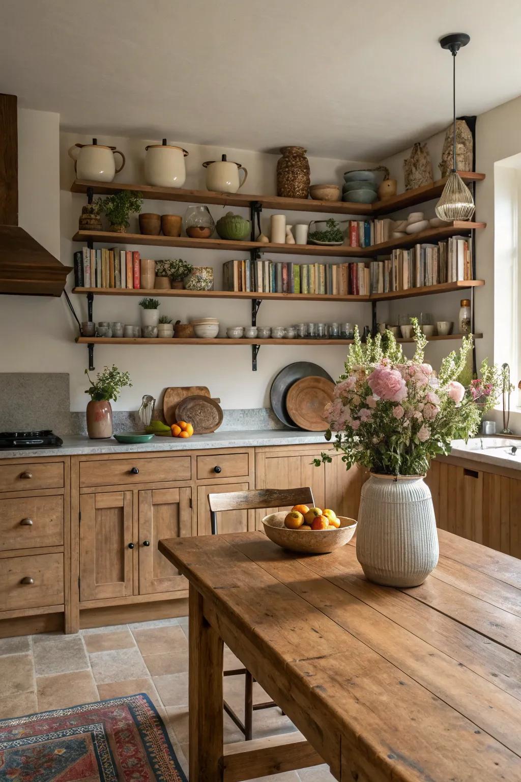 Exposed wooden shelves showcasing countryside ornaments.