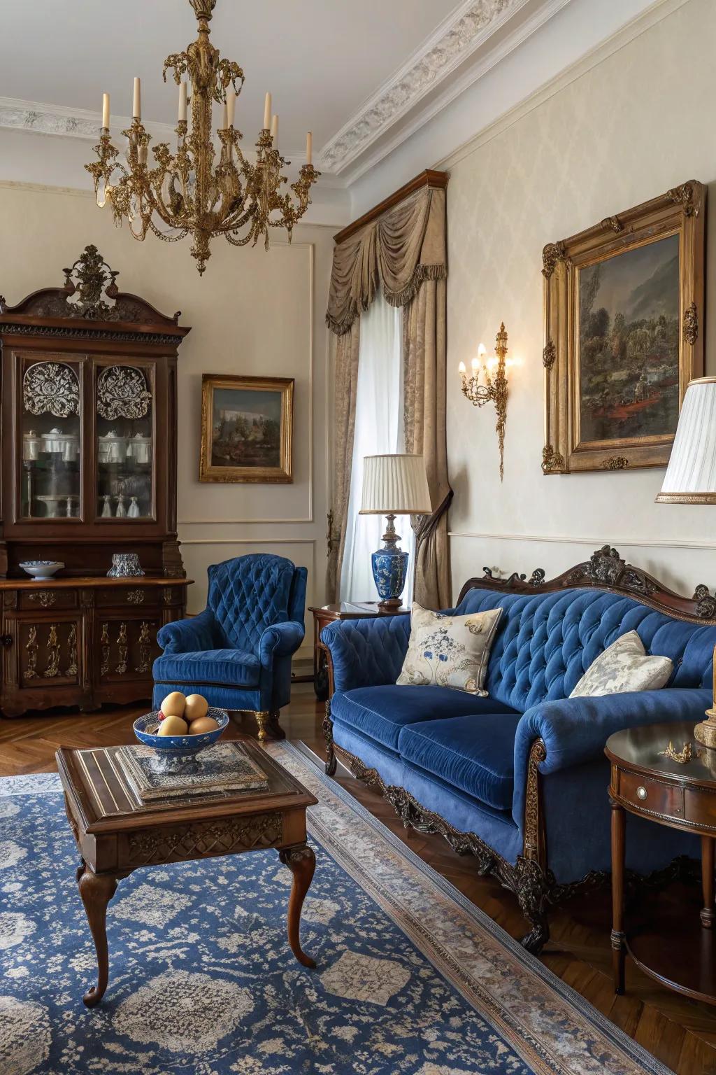 Cobalt blue and dark mahogany bring Art Deco flair to this living room.