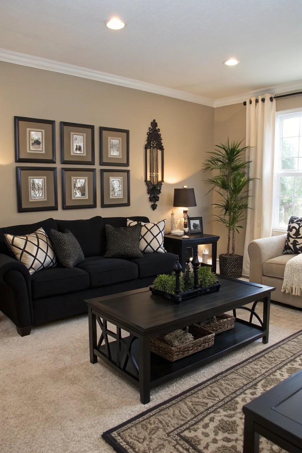 A striking contrast is achieved with bold black accents in a neutral living room.