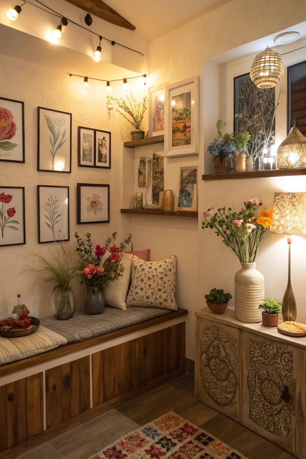 A uniquely personalized alcove replete with ornamental accents.