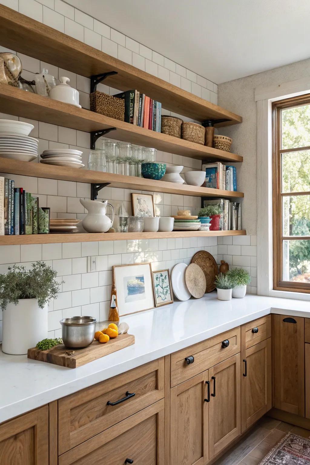 Open shelving adds personal charm to the oak and white kitchen.