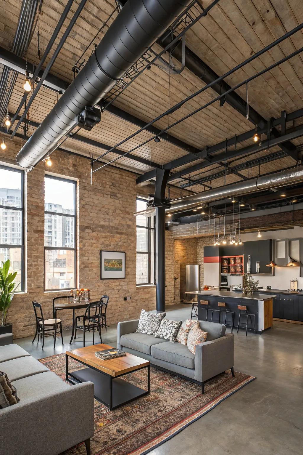 Industrial elements give this open-ceiling loft a modern, urban vibe.