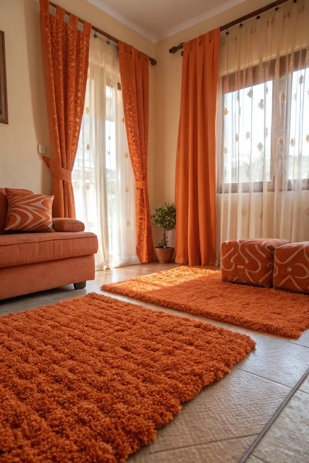 Textured orange details add dimension and opulence to the living space.