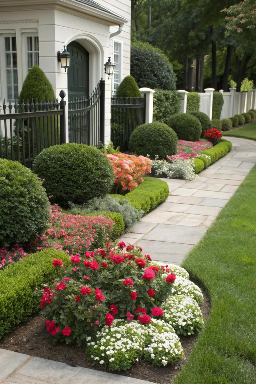 A welcoming forecourt featuring neatly arranged floral displays.