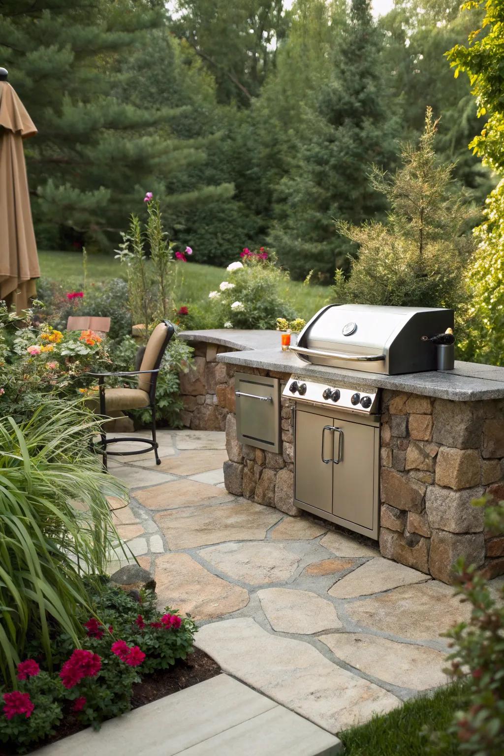 Natural elements like stone and greenery enhance your grill's aesthetics.