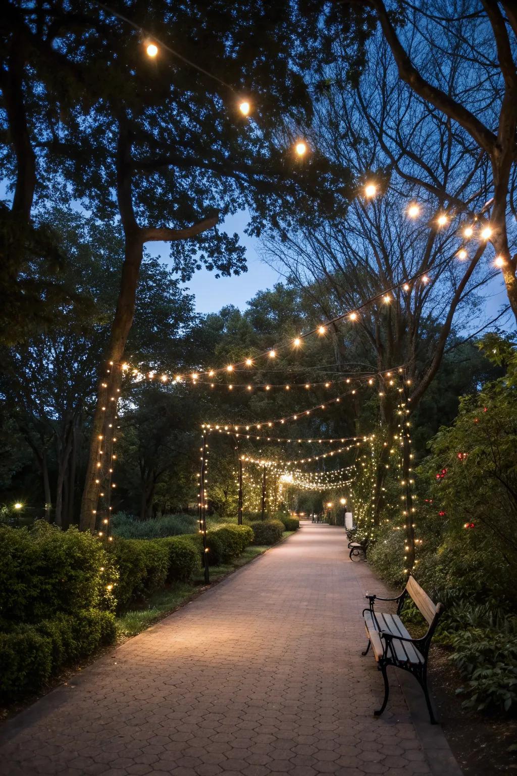 Twinkle lights create a dreamy, captivating atmosphere in the park.
