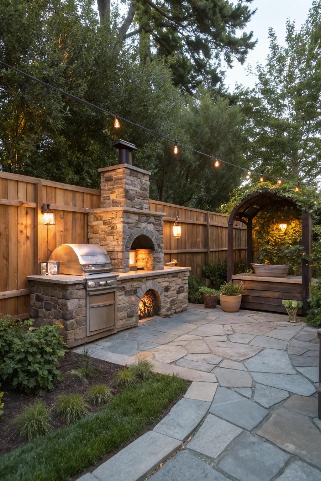 A sophisticated stone and slate pizza oven that adds elegance to any setting.