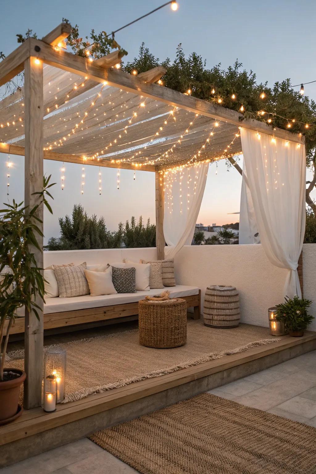 Transform your patio into a serene oasis with a stunning string light canopy. 🌟✨ #OutdoorAmbiance #ScandiBoho