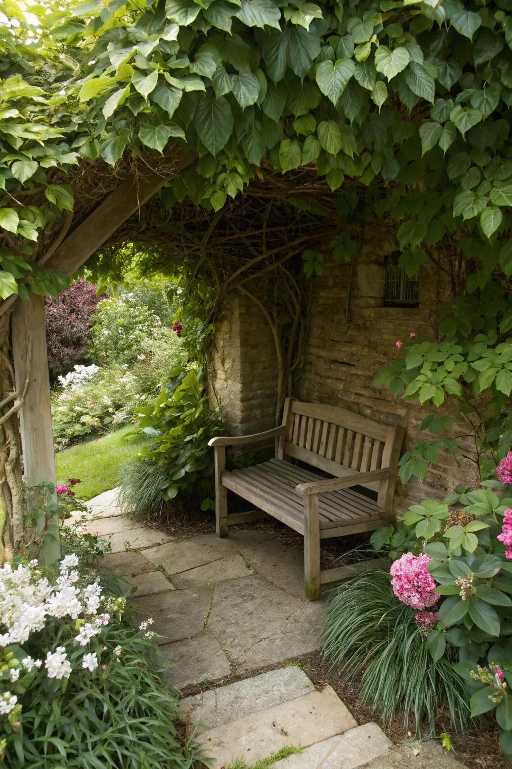 A secret garden nook offers a private retreat.