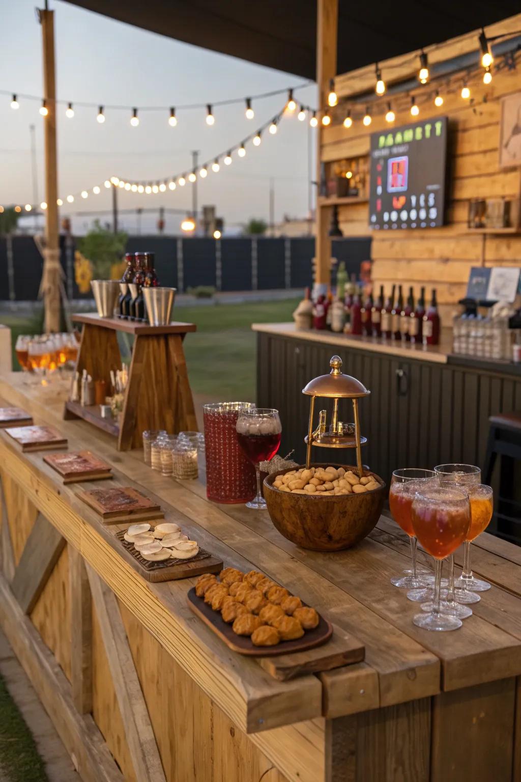 Elevate your outdoor sports bar with themed nights, where specialty drinks meet artisanal charm.