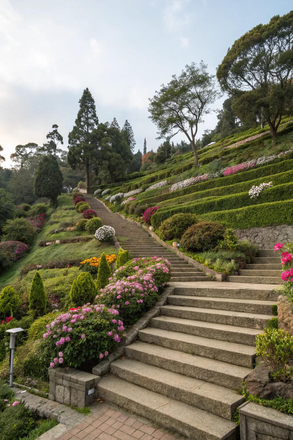 Terraced landscapes invite exploration, with steps linking varied garden levels.
