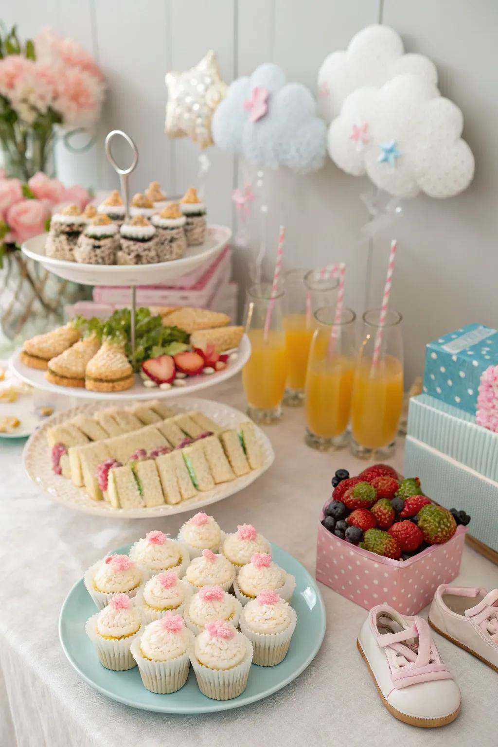 A creatively organized food showcase injects visual delight into the baby shower.