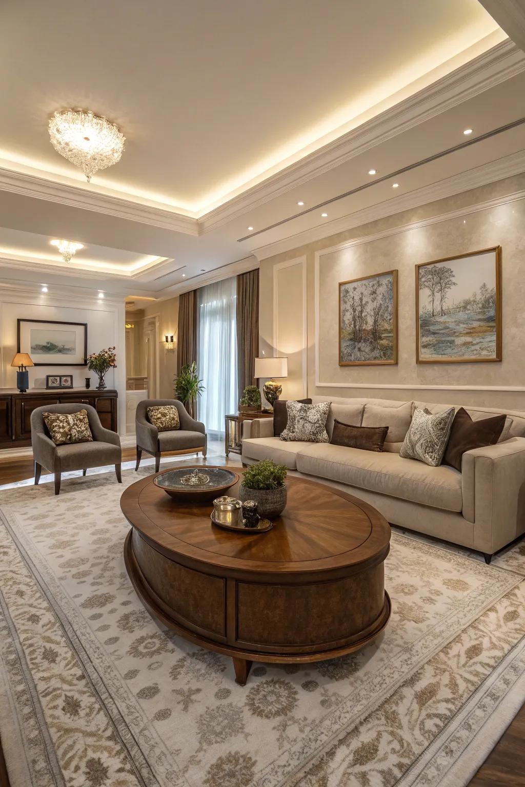 Unusual shapes like oval tables create dynamic visual interest.