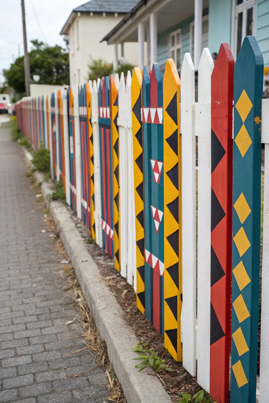 A visually stunning picket fence adorned with captivating geometric designs.