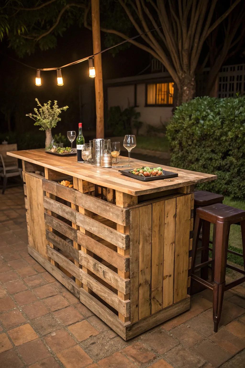 Transform your outdoor space with this versatile pallet bar that doubles as a dining table, perfect for those who value style and craftsmanship.