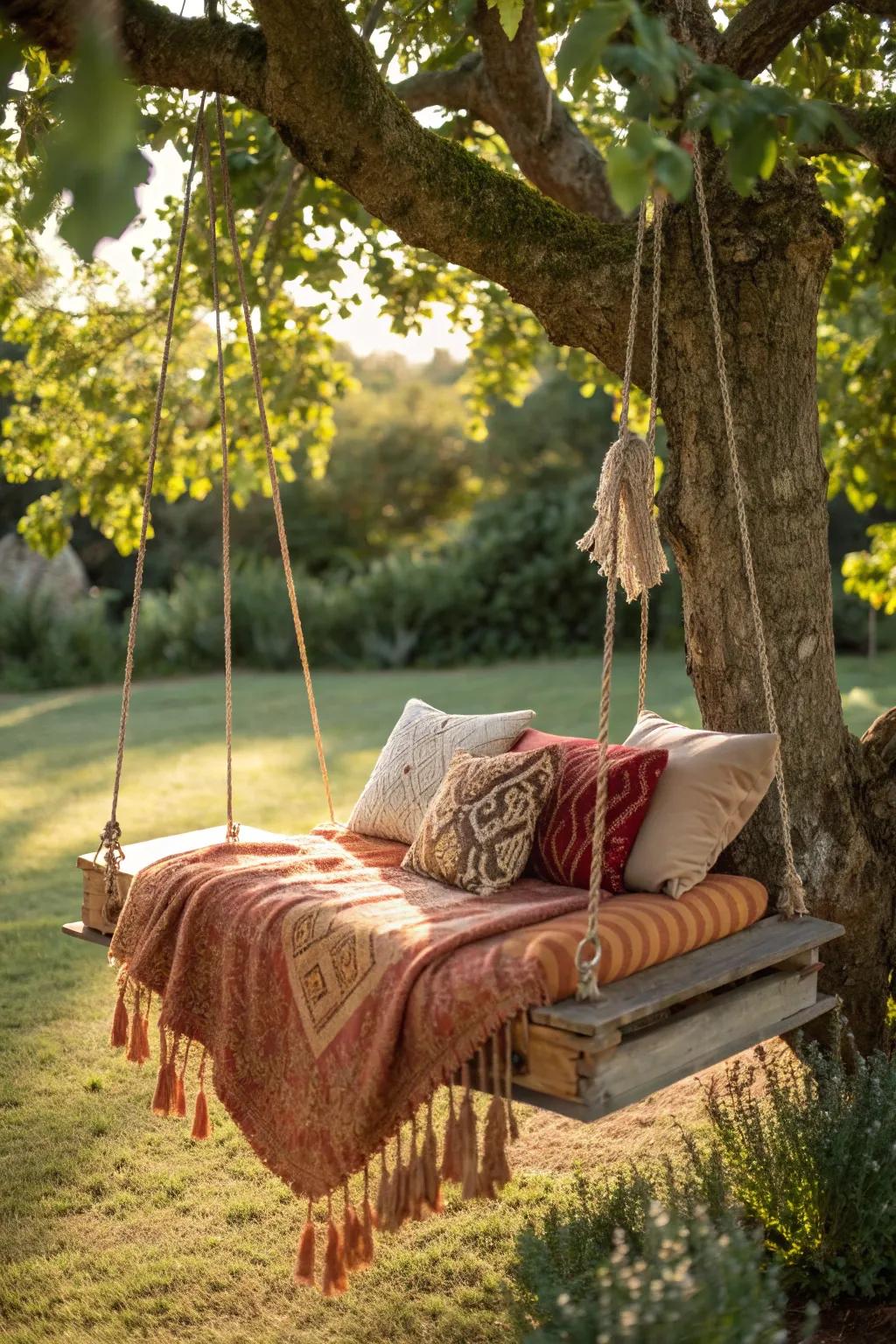 Swing into tranquility with this bohemian-inspired pallet creation, perfect for those who cherish craftsmanship and eclectic style.