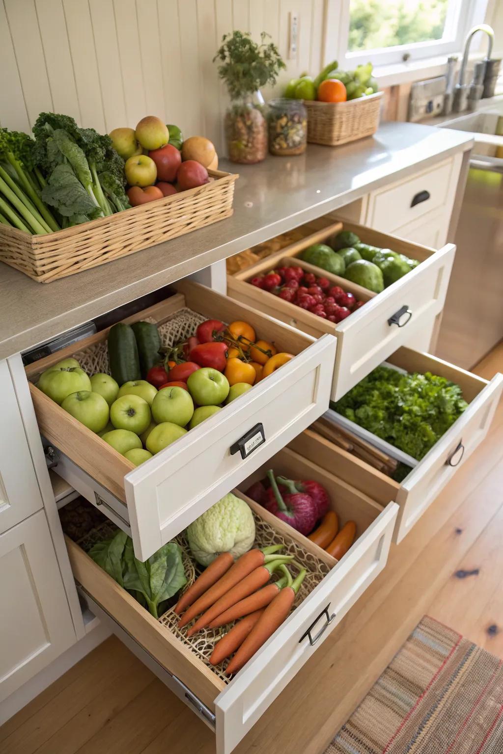 Under-shelf drawers maximize space and keep your produce at its best.