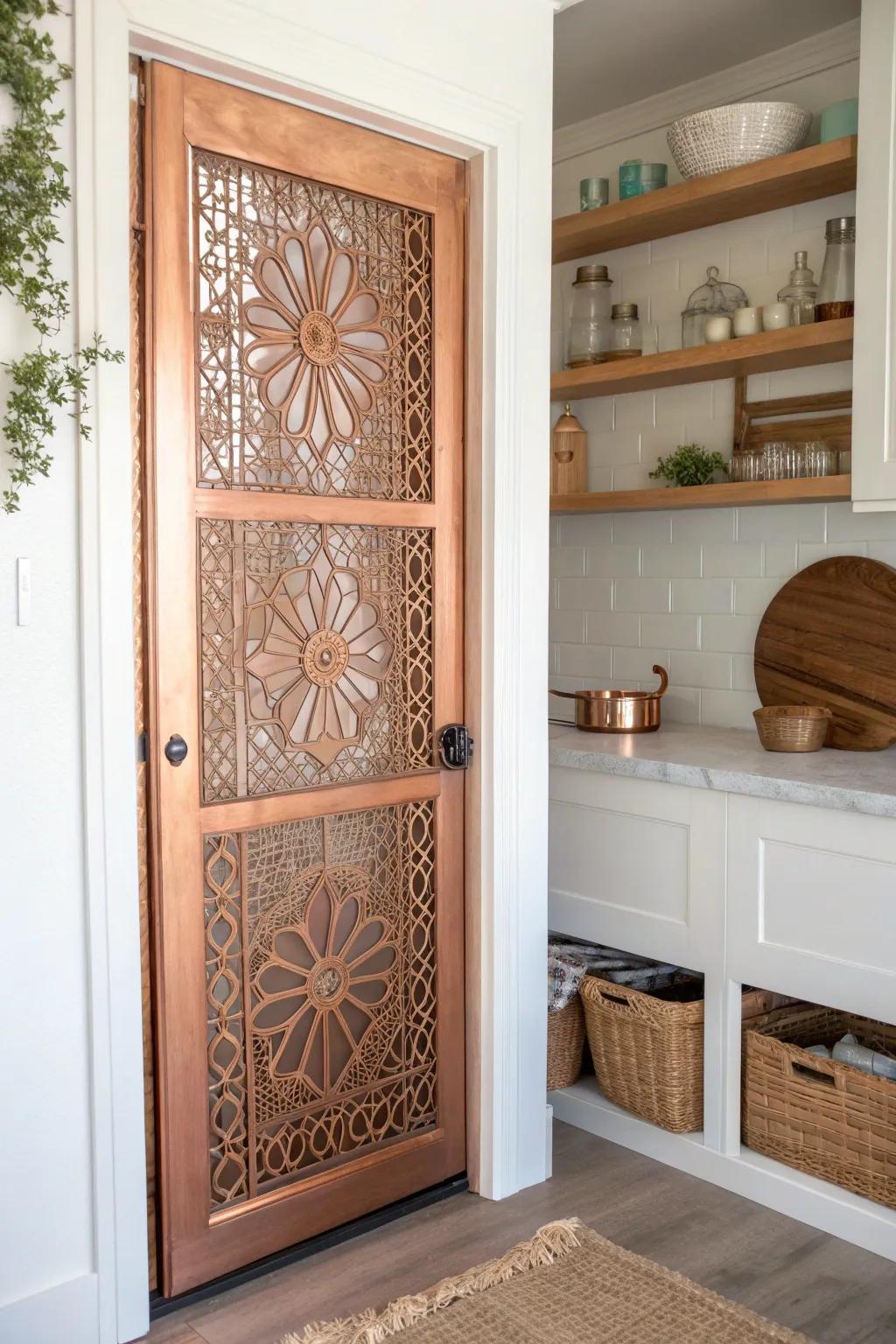 Add a touch of luxury and warmth to your pantry with an exquisite copper screen door.