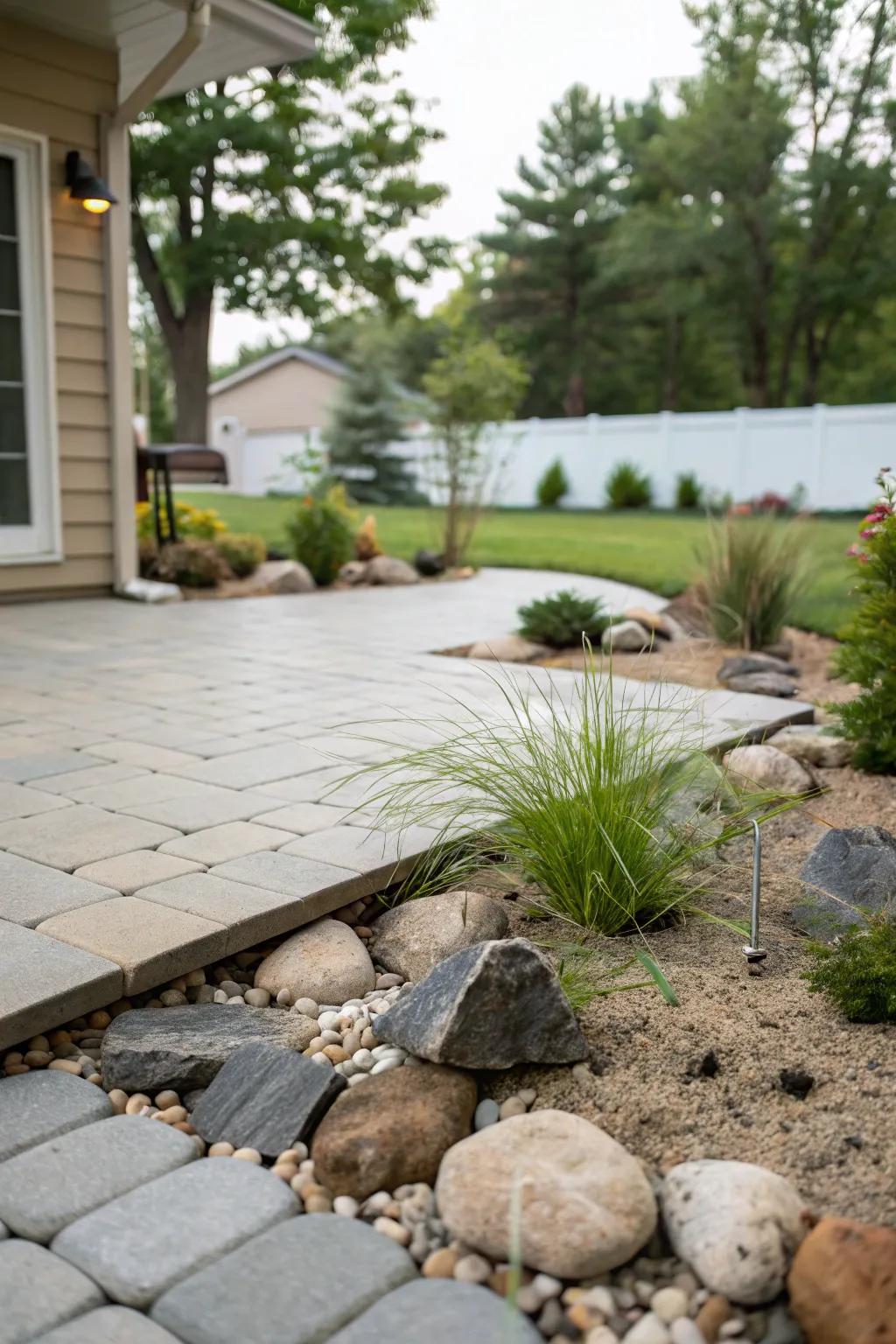 A serene Zen garden on a paver patio, providing a peaceful escape.