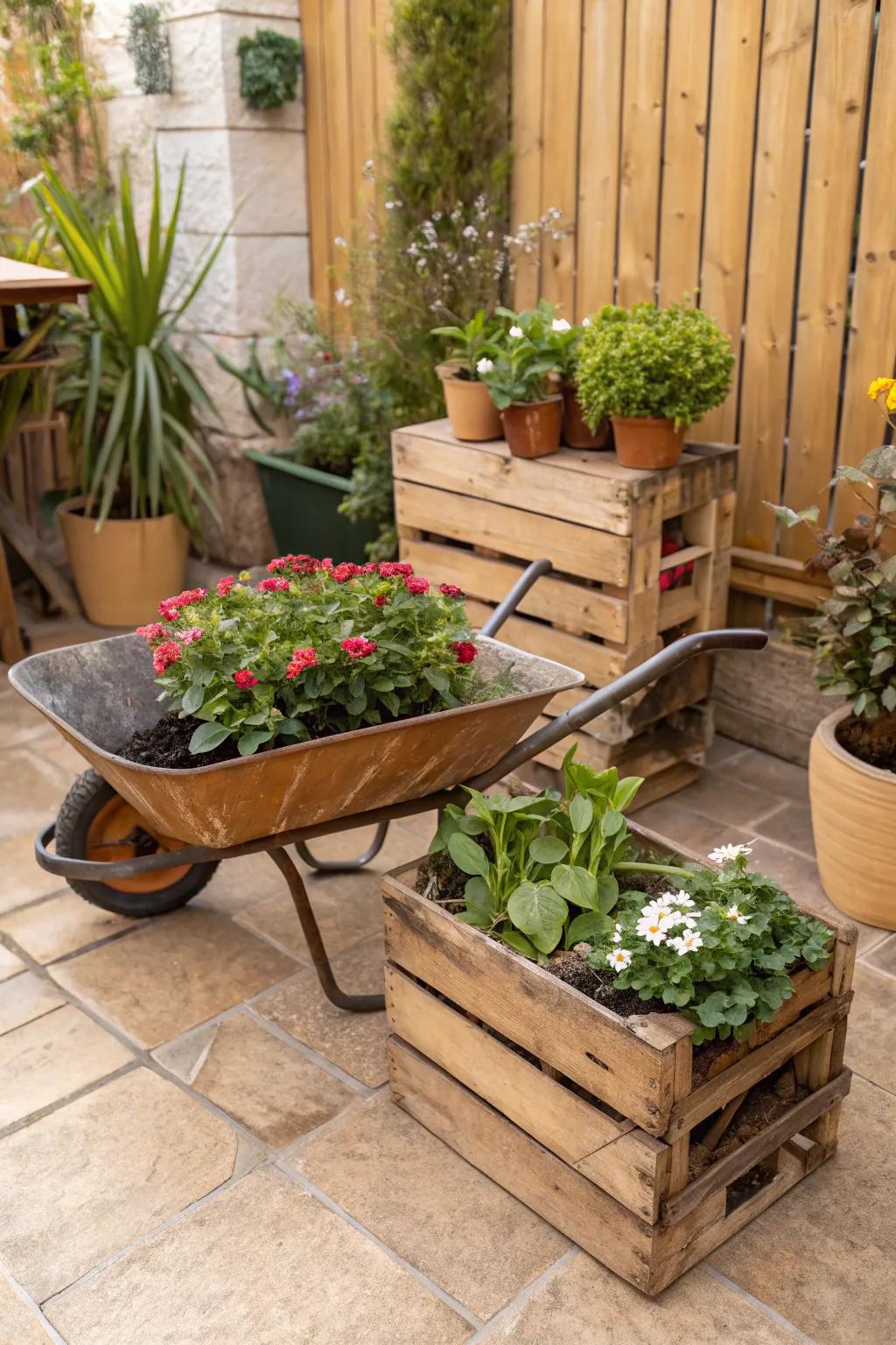 Creative use of recycled containers adds personality to the garden.