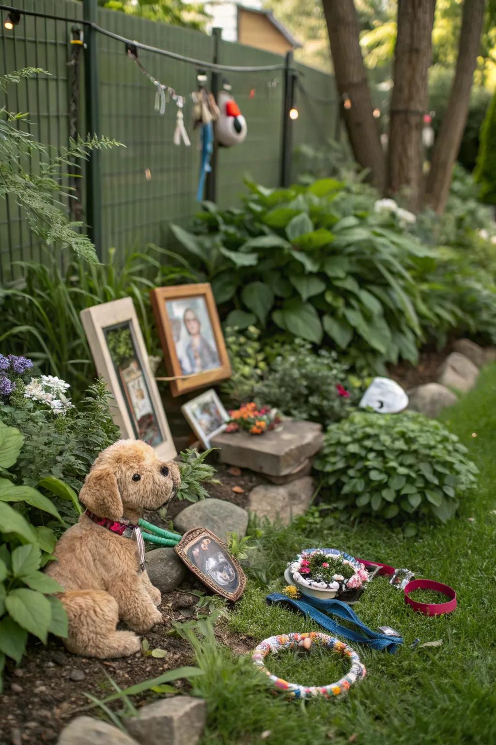 Cherished belongings imbue a personal touch within the pet memorial garden.