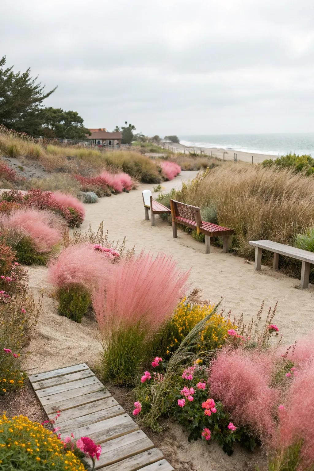Infuse your garden with coastal charm using pink muhly grass.