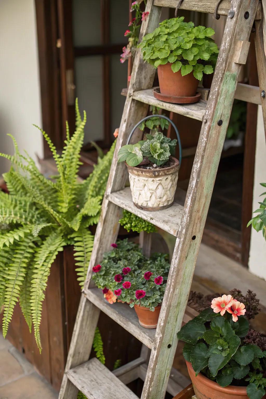 Repurpose an old ladder as a charming plant stand.