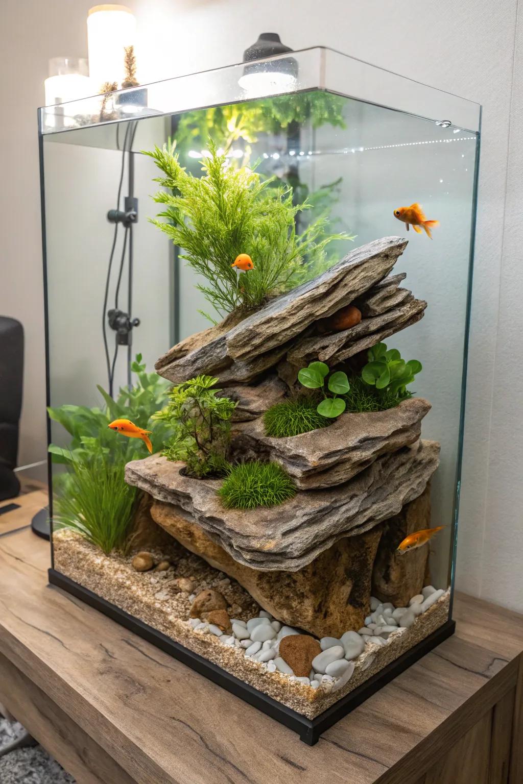 Dive into serenity with a terraced goldfish tank, where nature meets Scandinavian elegance.