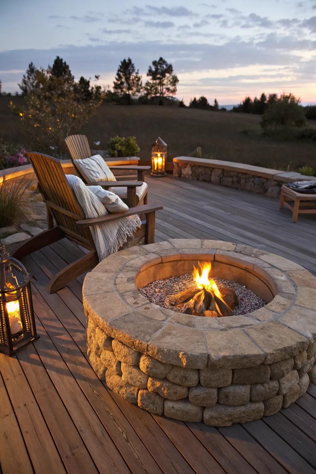 Gather around the heart of your deck: a masterfully crafted fire pit that brings warmth and style to your outdoor space.