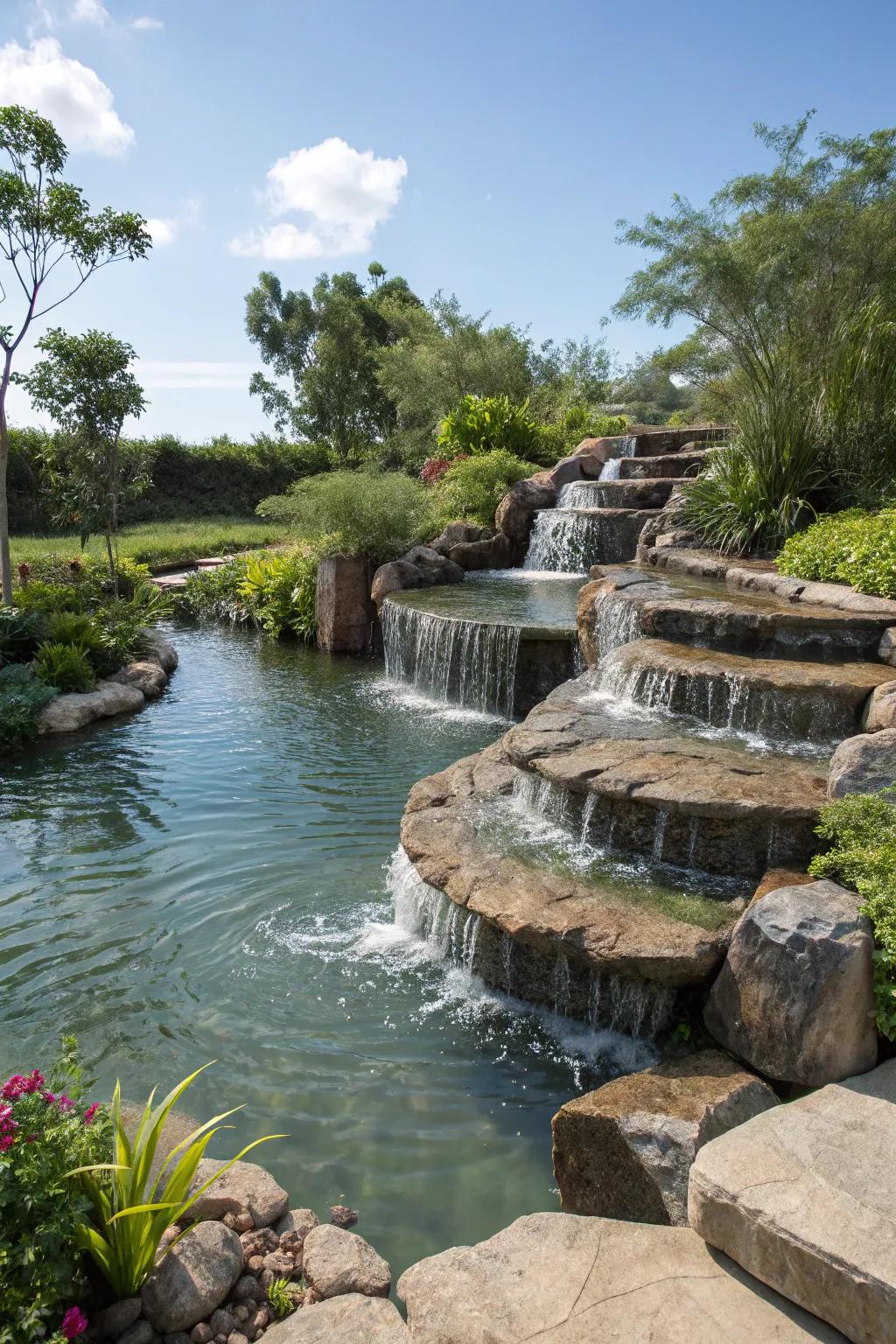 A tiered pond featuring cascading water adding extra charm.