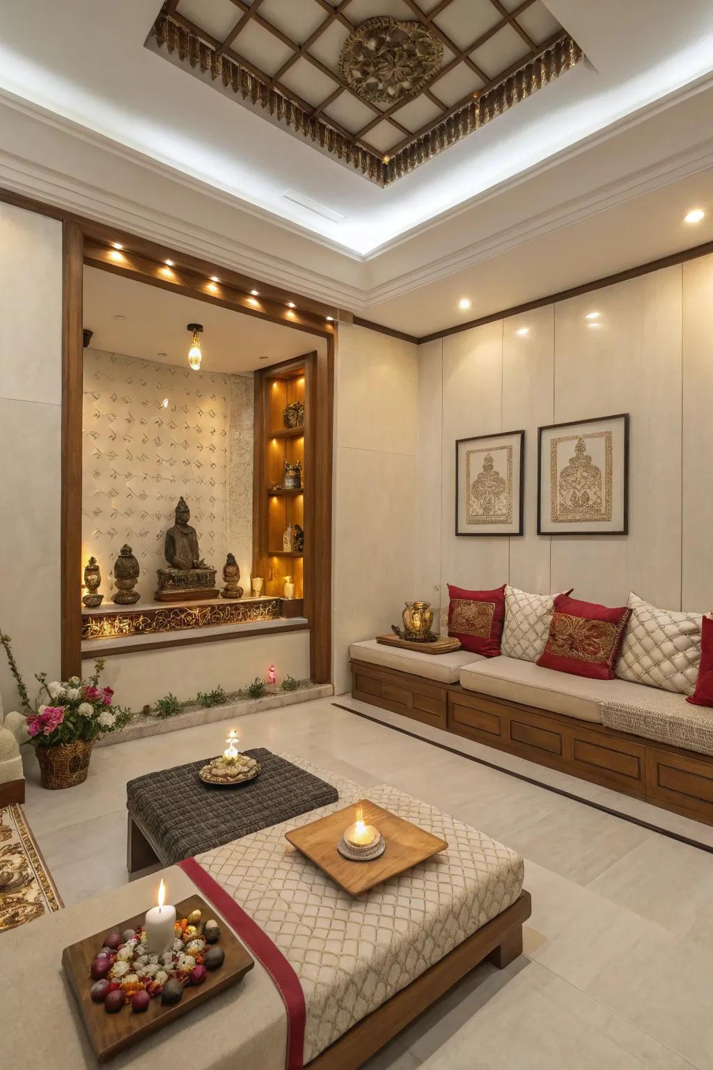 Comfortable seating areas for meditation and reflection.