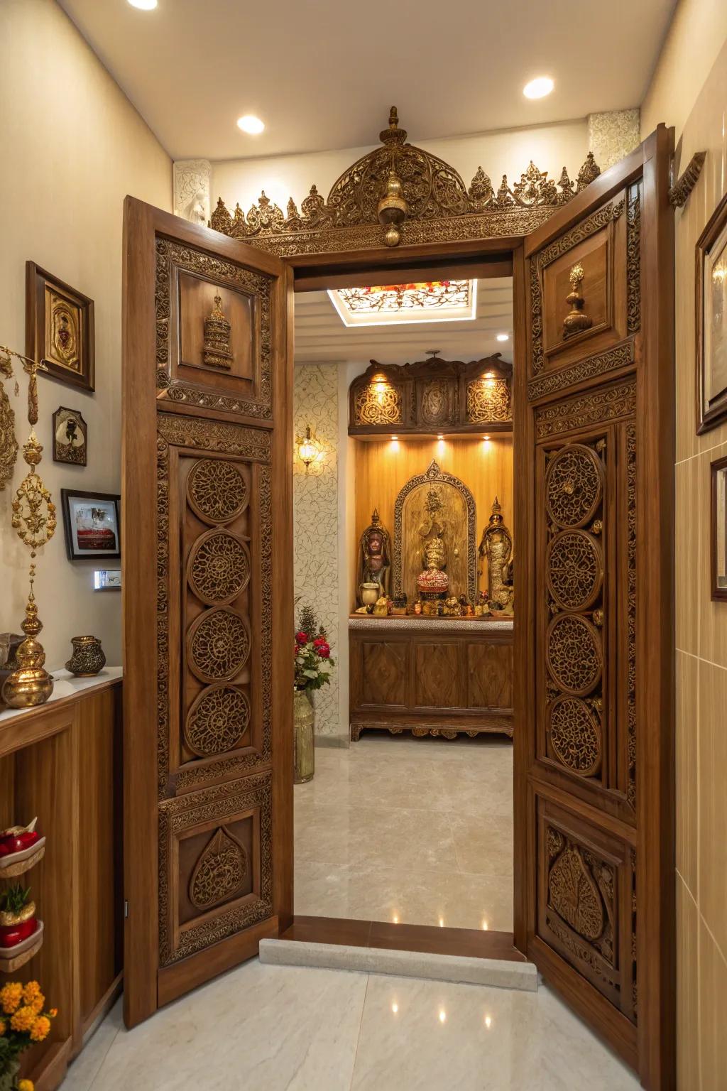 Fancy entrances invite you into the sacred space of this pooja room.