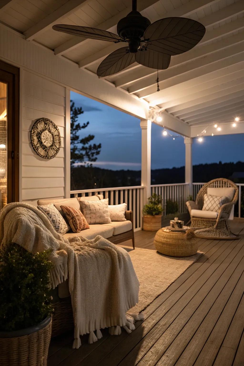 An LED fan keeps this porch well-lit and welcoming for evening relaxation.