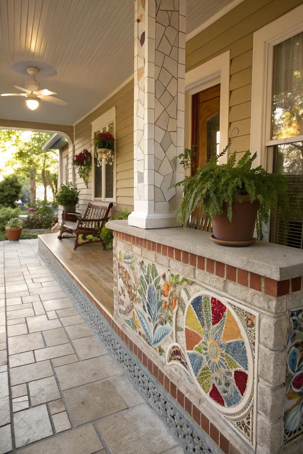 An artistic mosaic knee wall adding character to a porch.