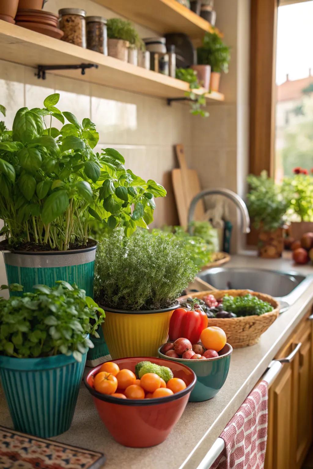 Organic elements like herbs and produce add a fresh, inviting feel.